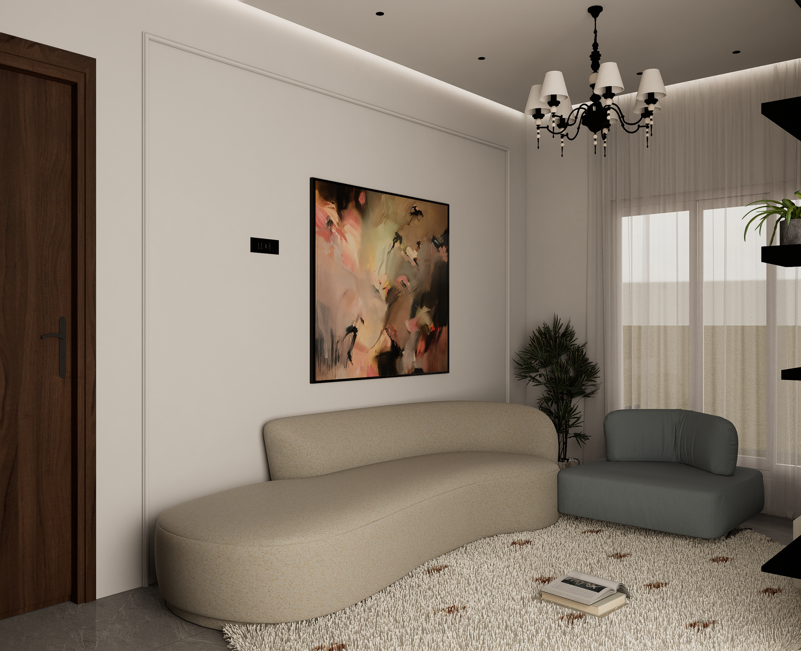 Curved beige sofa living room with abstract art and black chandelier